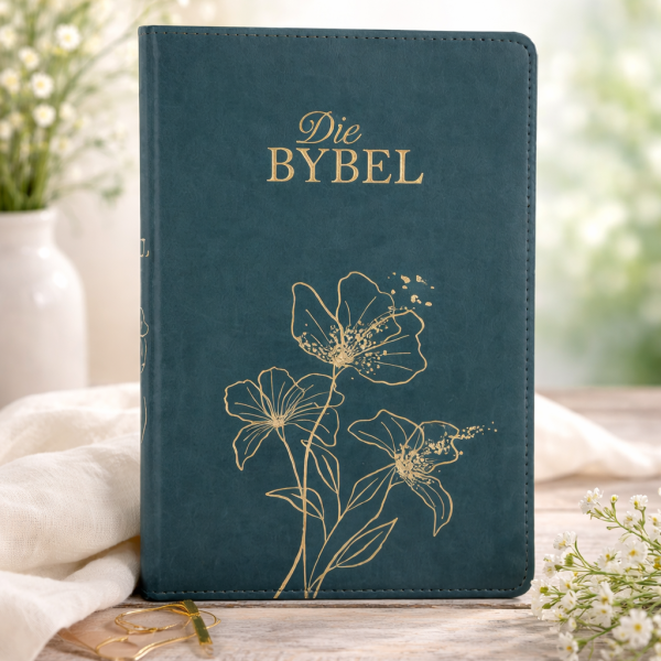 NLV Olyfgroen Kunsleer Bybel – Goue Blomme met Duimgrepe
