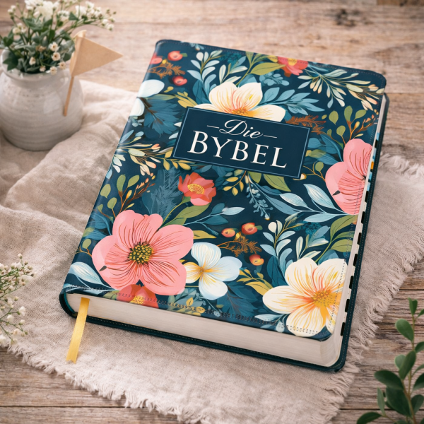 NLV Joernaal-Bybel – Donkerblou Kunsleer met Blomme-ontwerp