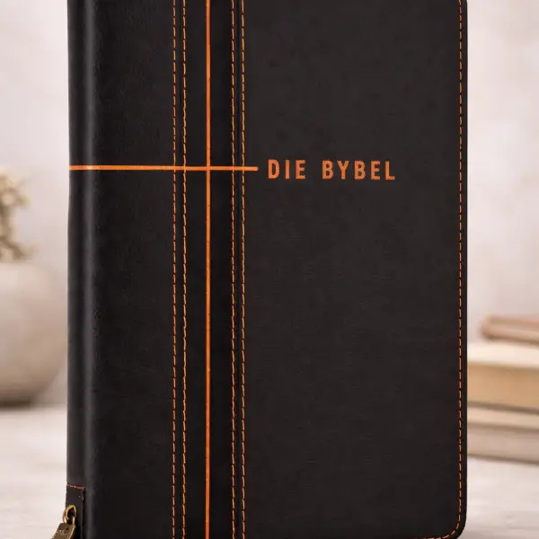 NLV Bybel – Donkerbruin & Oranje Kunsleer (Met Duimgrepe)